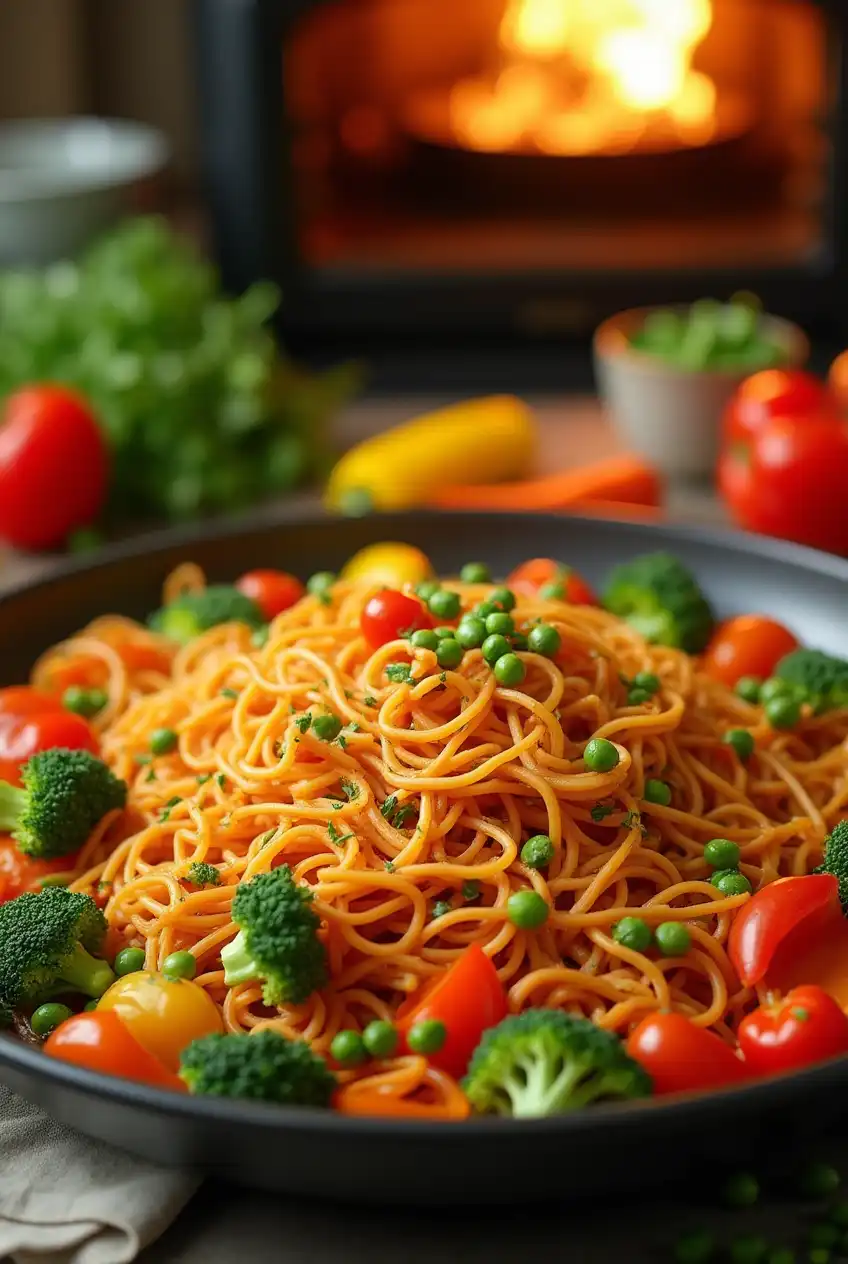 A sheet-pan filled with crispy ramen noodles and roasted vegetables ready to serve.