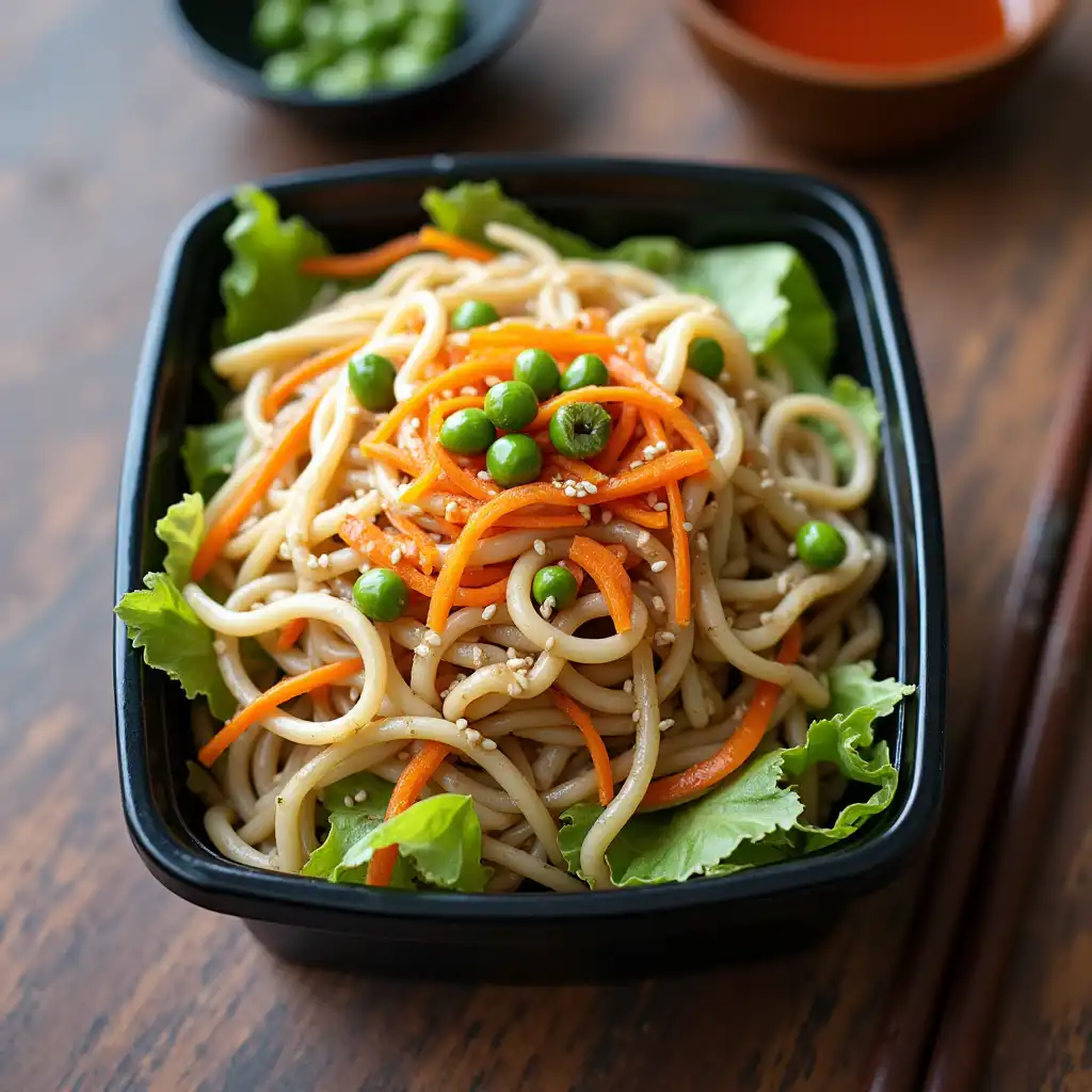 A bento box with soba noodles, cabbage, edamame, and peanut sauce