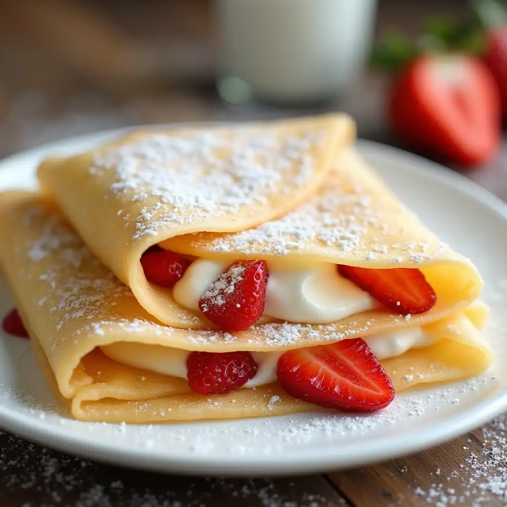 Thin sourdough crepes filled with fruit and cream