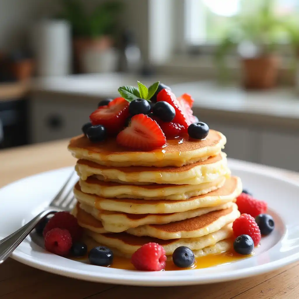 Stack of sourdough discard pancakes topped with berries and syrup