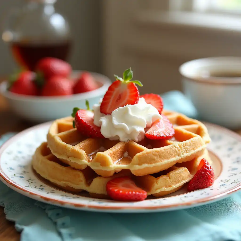 Crispy waffles made with sourdough discard, topped with cream and fruit