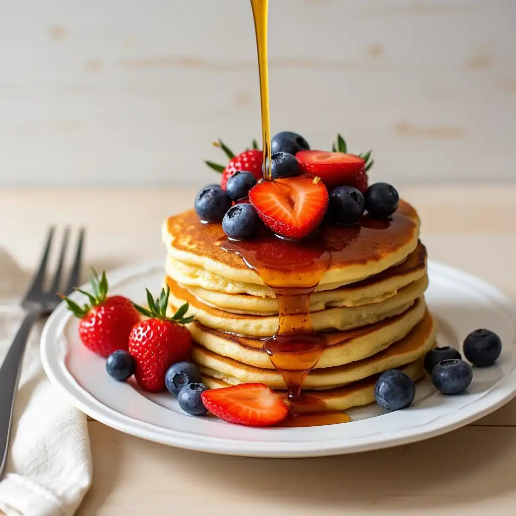 Stack of sourdough pancakes topped with berries and maple syrup