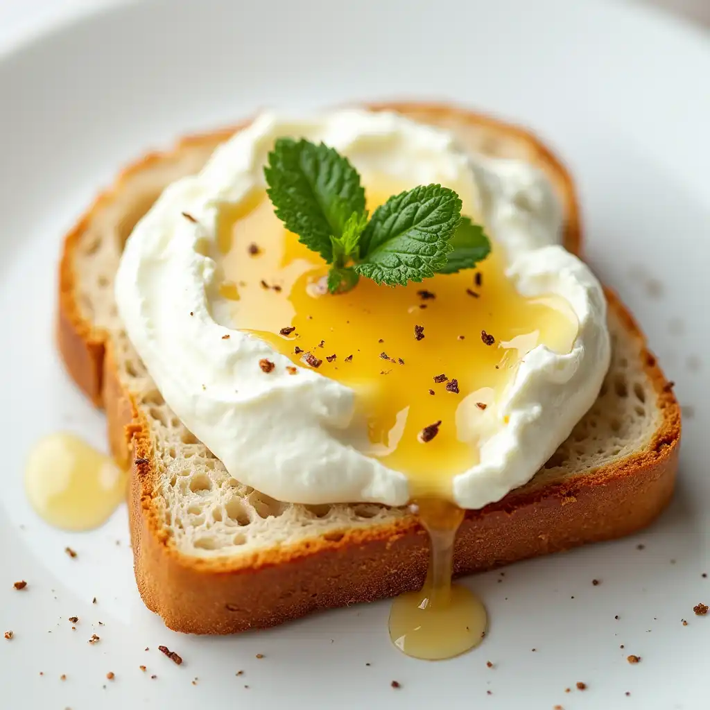 Sourdough toast topped with ricotta cheese and honey drizzle