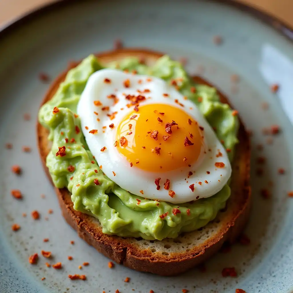Sourdough toast with mashed avocado, poached egg, and chili flakes