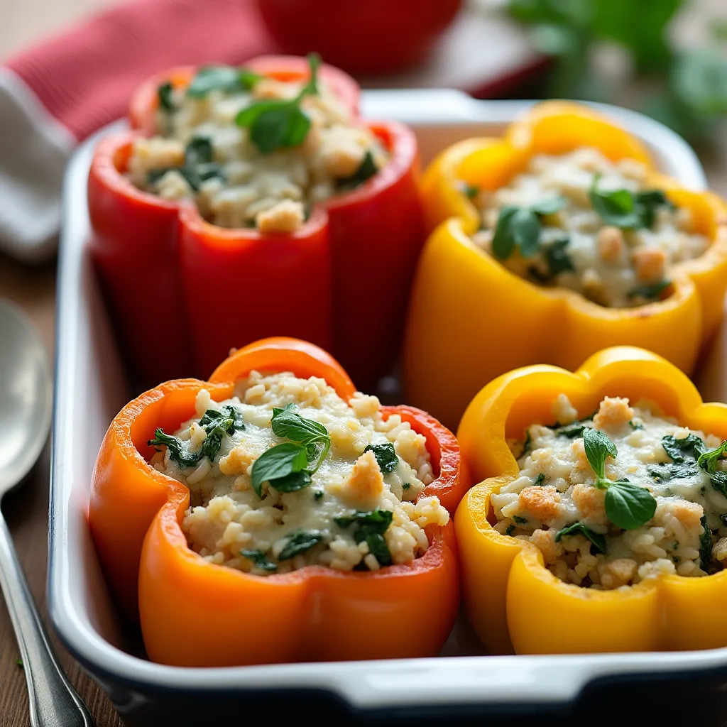 Red and yellow bell peppers filled with rice, spinach, and melted cheese