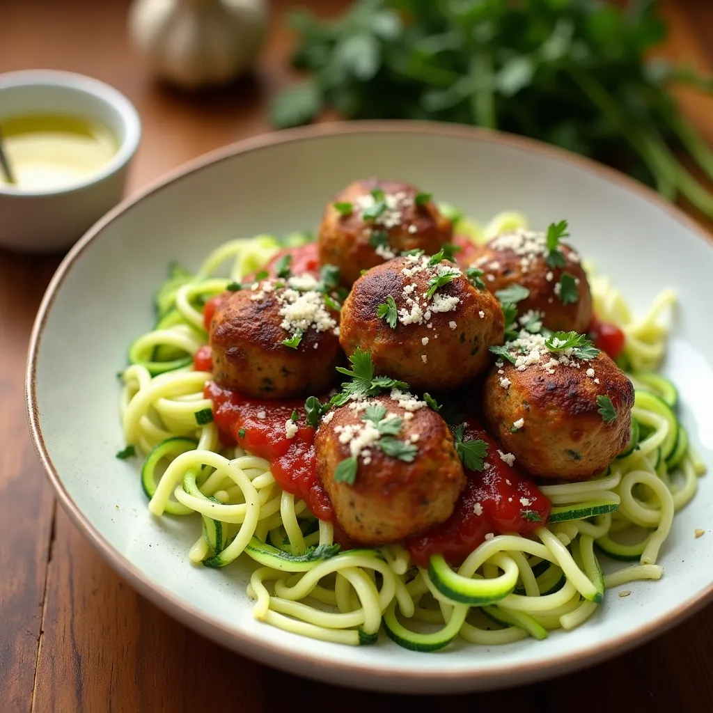Bowl of turkey meatballs over zucchini noodles topped with herbs and cheese
