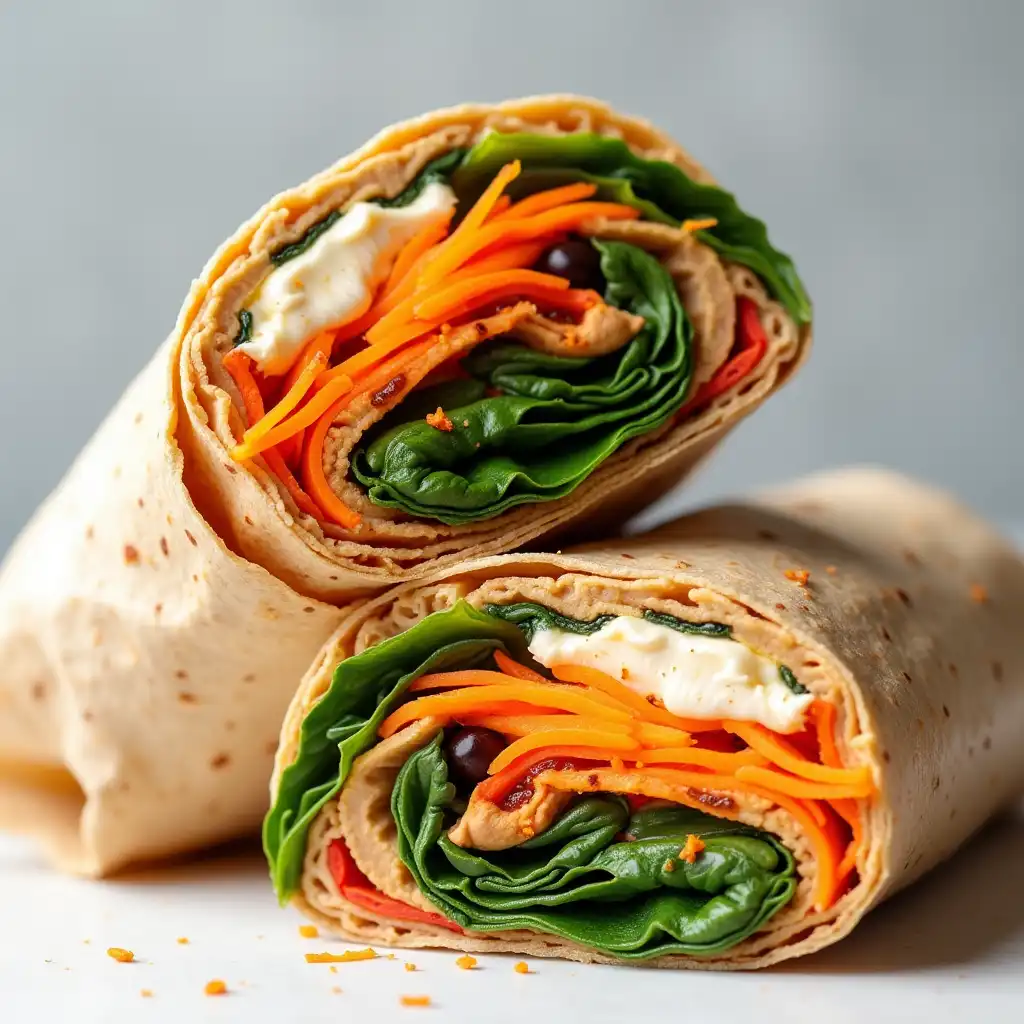 Whole wheat tortilla wraps with hummus, spinach, carrots, and bell peppers