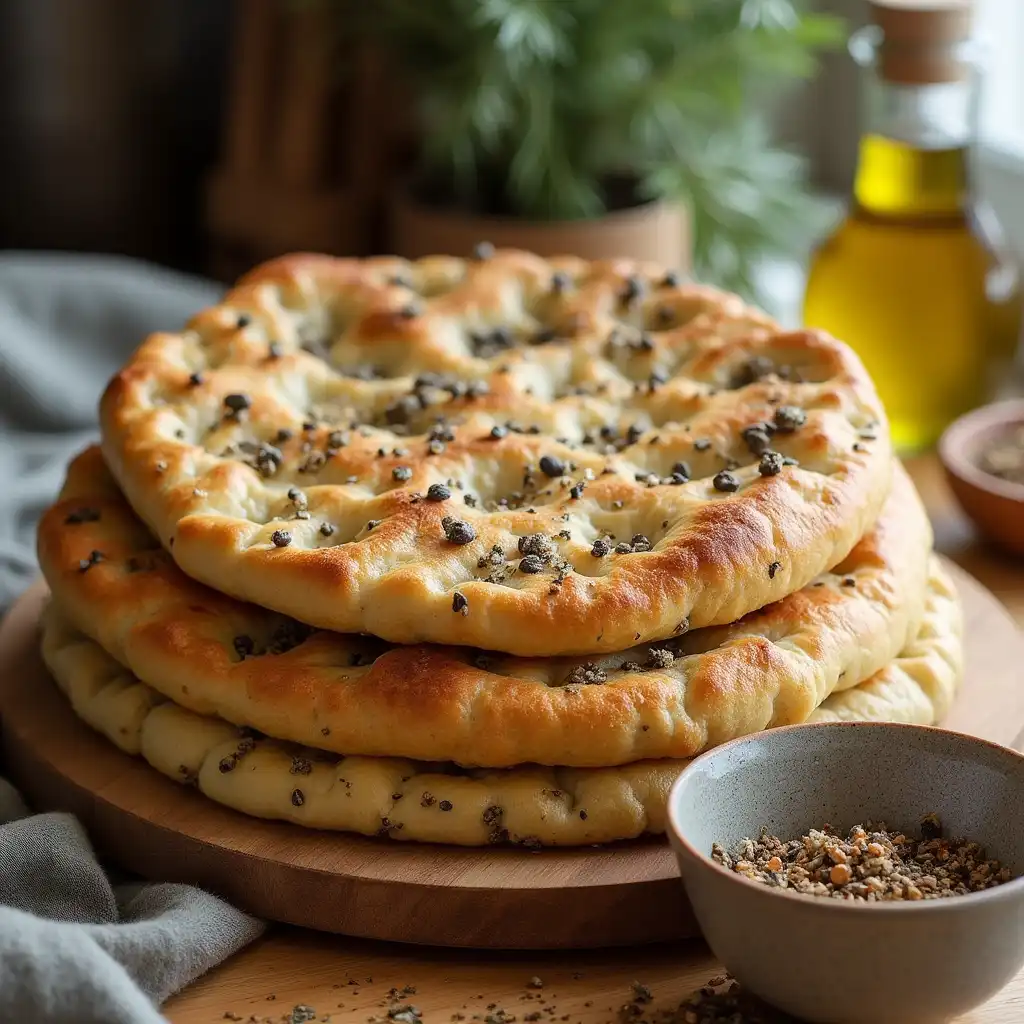 Freshly baked Arabic manakeesh topped with za’atar and olive oil
