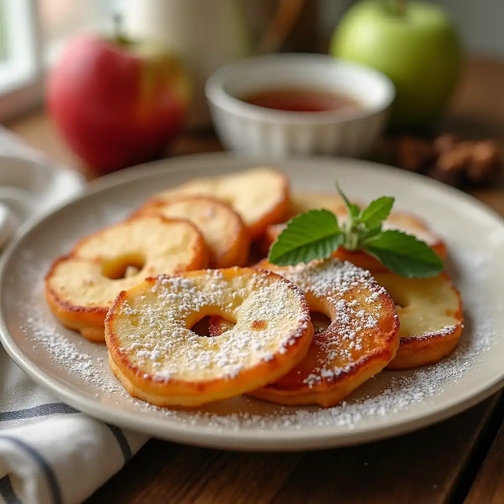 Apple slices coated in pancake batter, arranged with powdered sugar and maple syrup for dipping in a cozy kitchen setting.