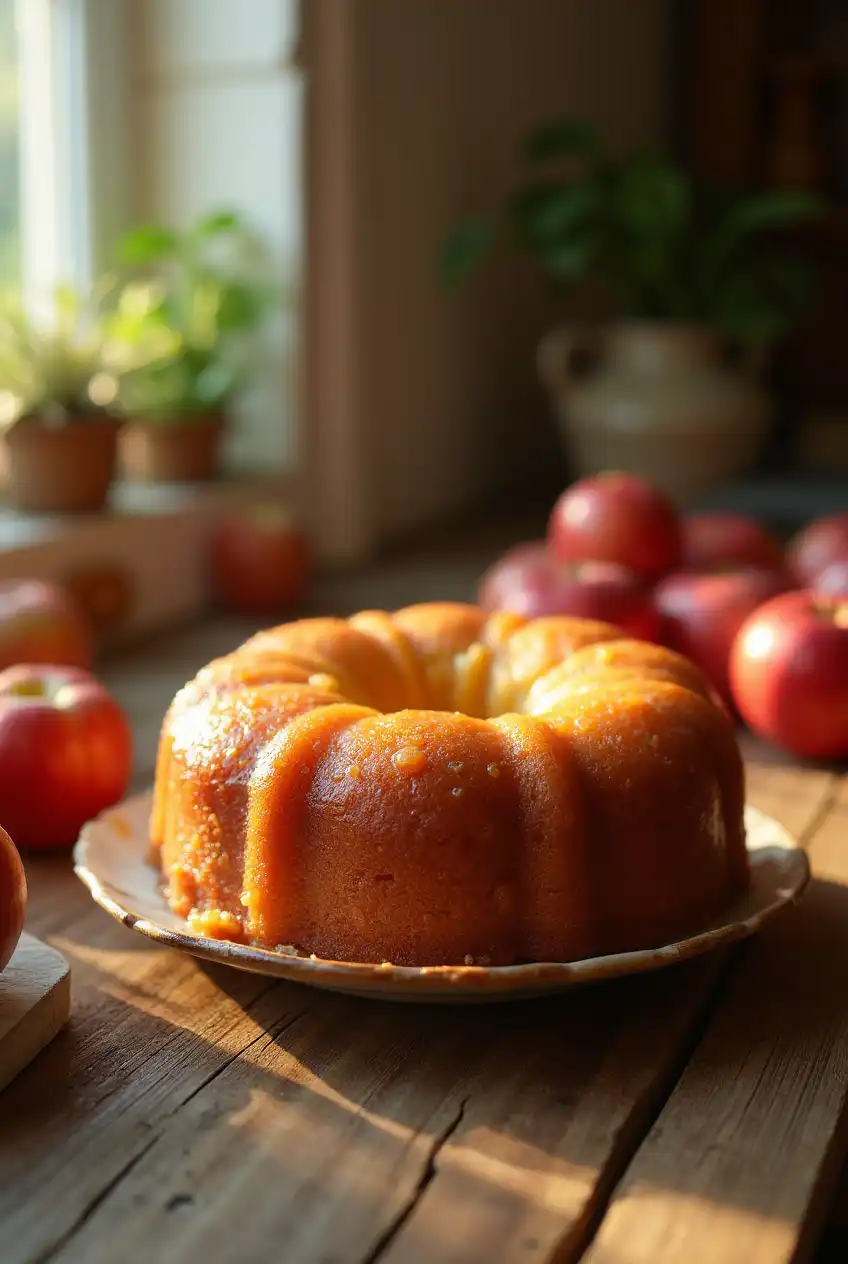 A warm-toned, high-resolution image of a fresh applesauce cake on a rustic wooden table, bathed in soft sunlight to highlight its moist texture in a cozy kitchen setting