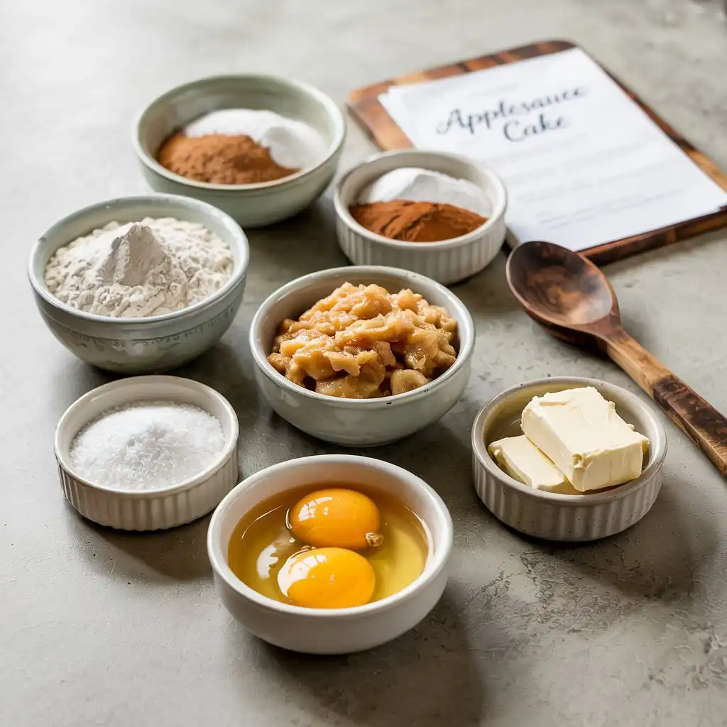 A display of key ingredients for applesauce cake, including flour, baking powder, spices, applesauce, sugar, eggs, and butter, measured out and ready on a clean background