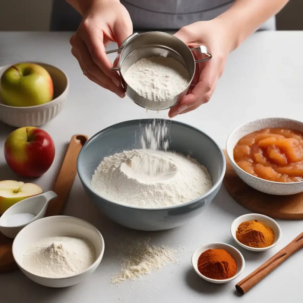 An image capturing the initial step in applesauce cake preparation, with hands sifting flour and natural applesauce, and spices neatly arranged.