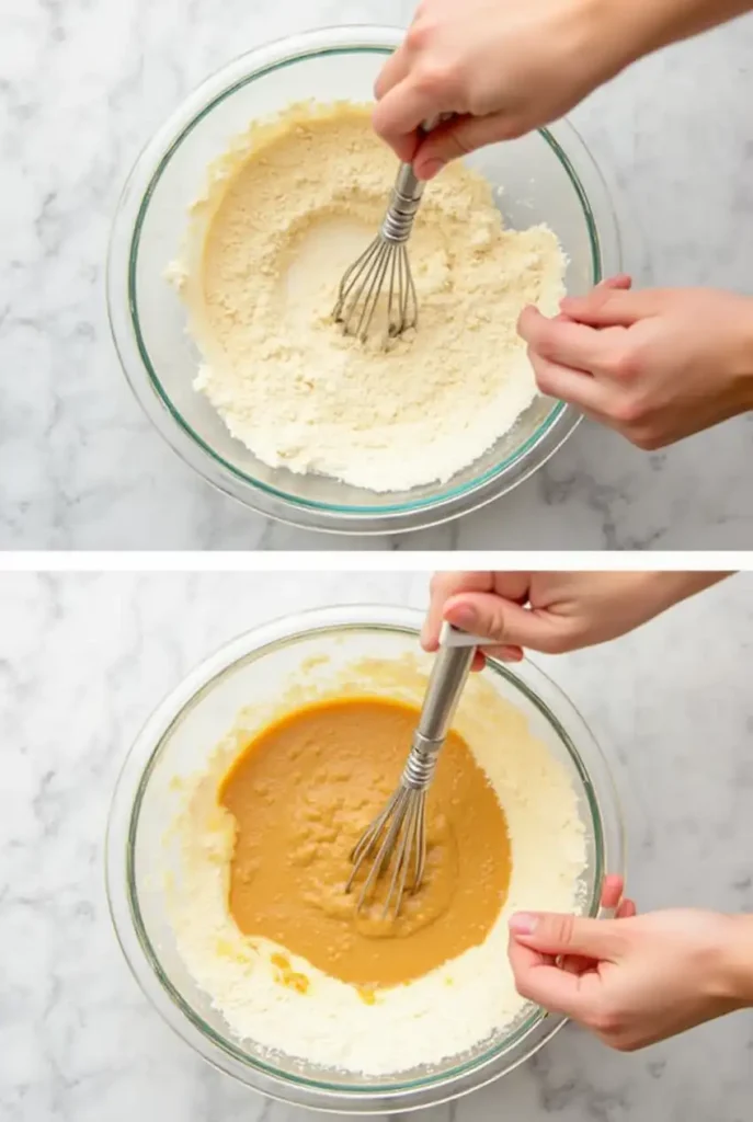 Hands pouring wet ingredients into dry, captured in the pivotal moment of mixing for an applesauce cake recipe.