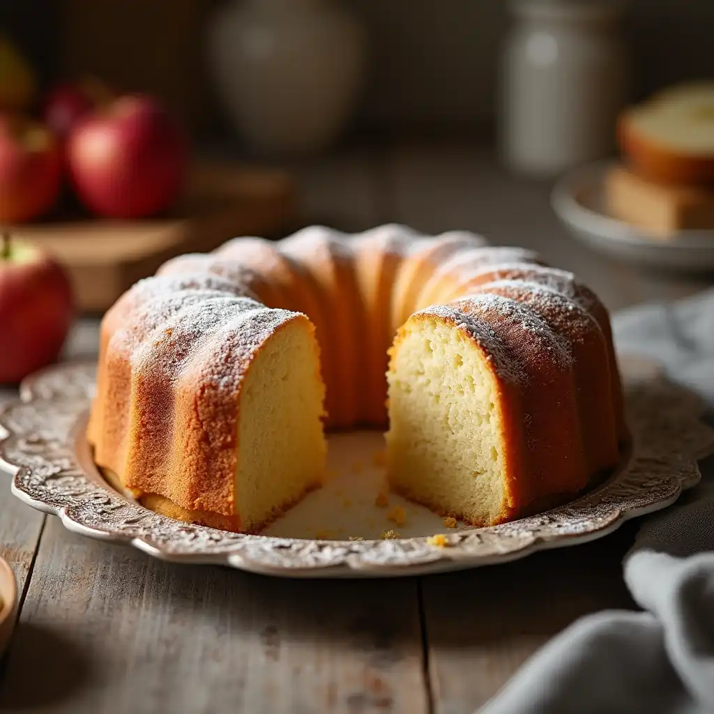 Finished applesauce cake on a stylish plate, a slice lifted to showcase the soft inner texture, amidst a warm, blurred background suggesting homemade origins.
