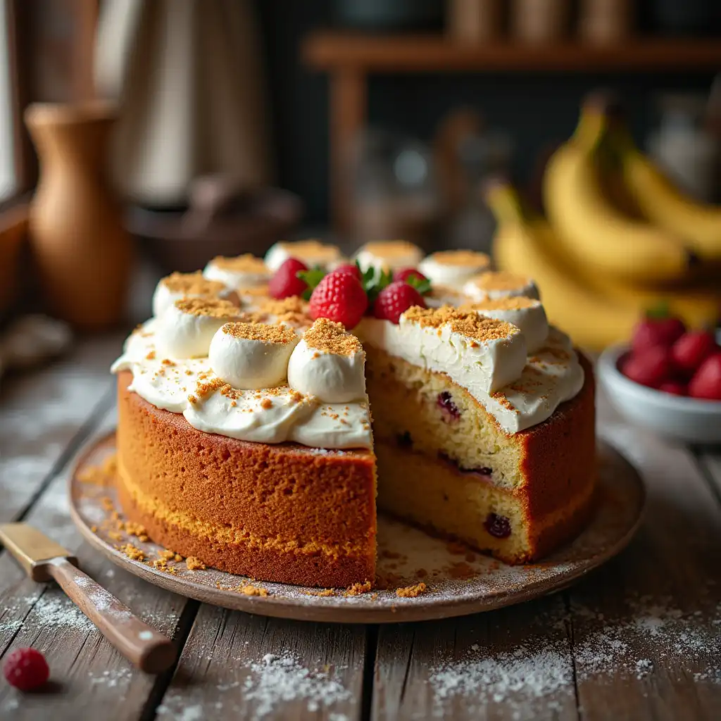 Freshly baked banana split cake with a golden crust and creamy layers on a rustic table - an enticing intro to our easy recipe.