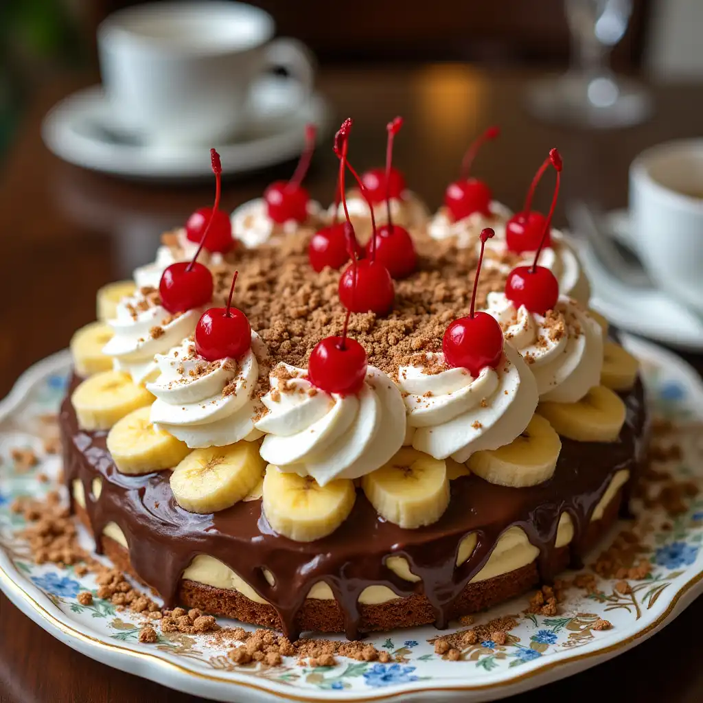 Chilled banana split cake beautifully presented with visible layers and topped with whipped cream, syrup, nuts, and cherries.