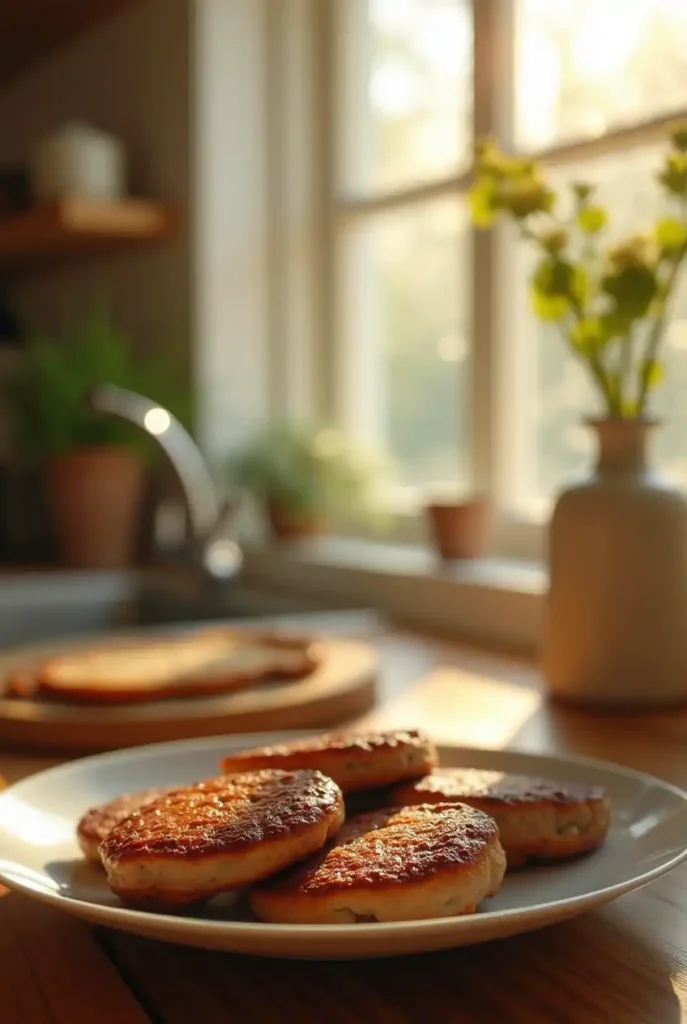 Fresh homemade breakfast sausage patties in a kitchen with morning light.