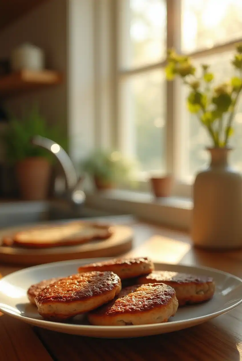 Fresh homemade breakfast sausage patties in a kitchen with morning light.