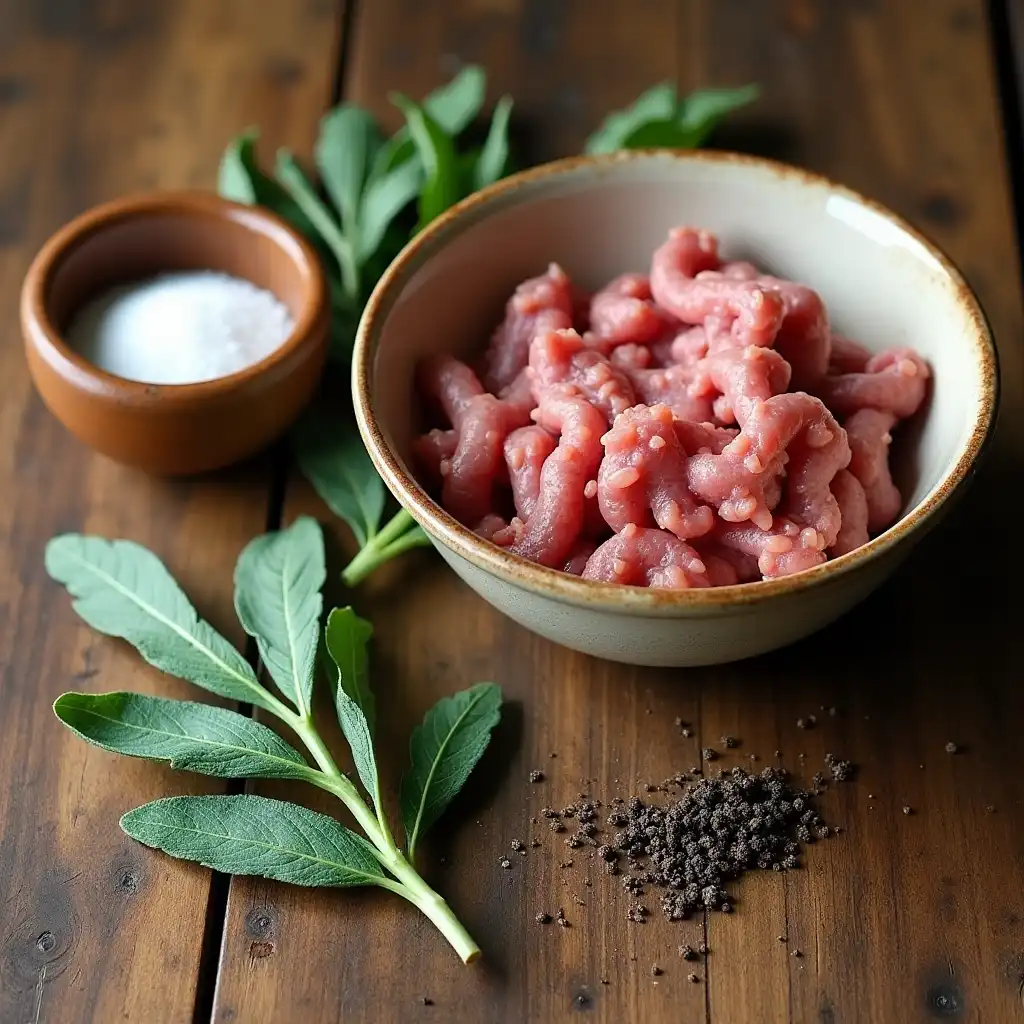 Ground pork, sage, sea salt, and cracked black pepper on a wooden table