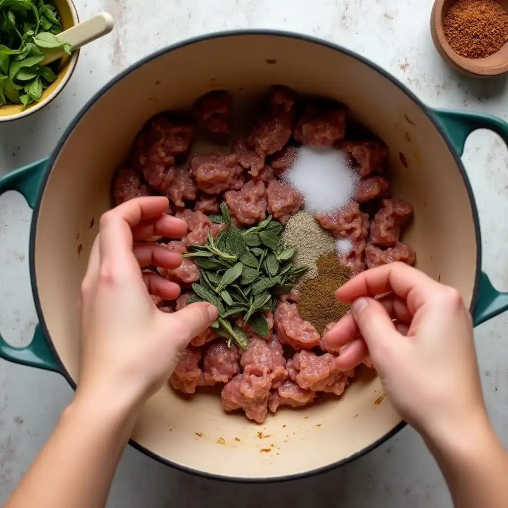 Hands combining ingredients for sausage mixture in a bowl.