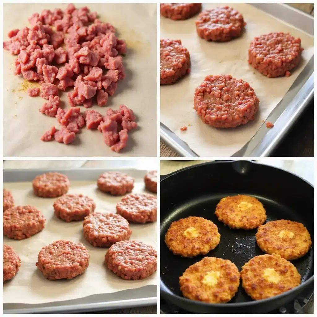 Collage of breakfast sausage-making steps from raw to cooked.