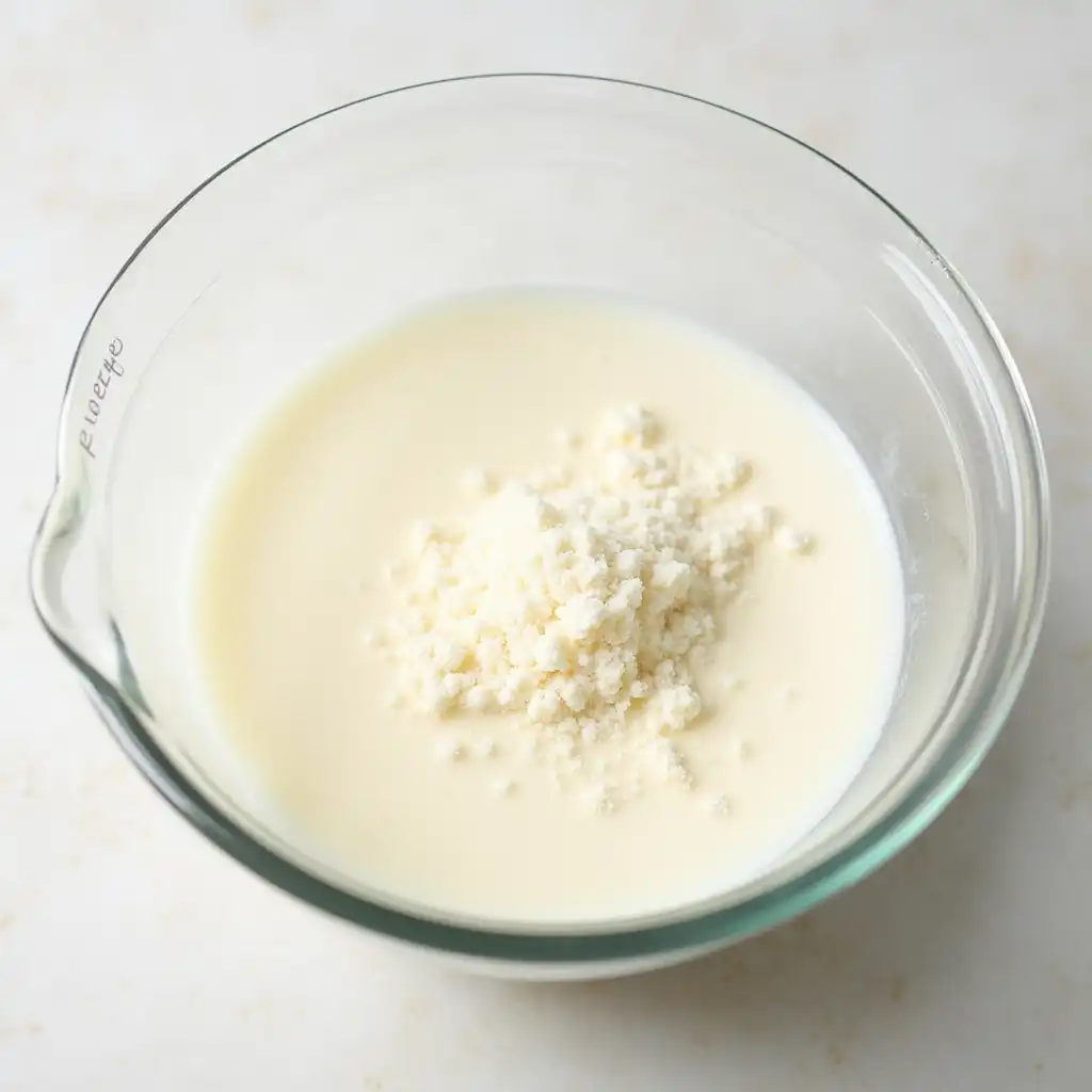 Frothy yeast activating in warm milk with sugar, beginning the brioche recipe process.