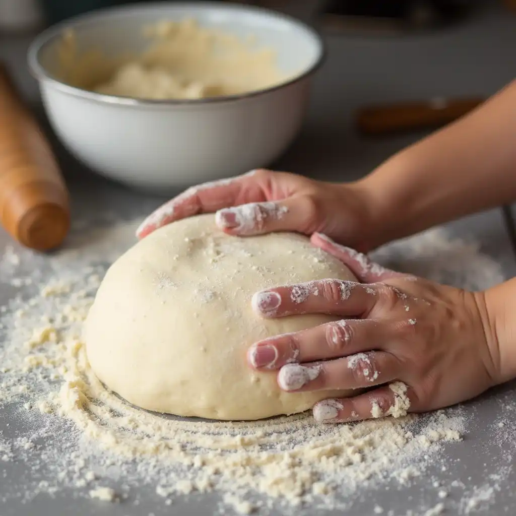 Elastic brioche dough being kneaded on a floured surface with rolling pin aside.