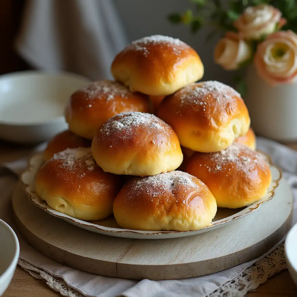 Piled brioche dinner rolls on a serving dish set at a family dining table.