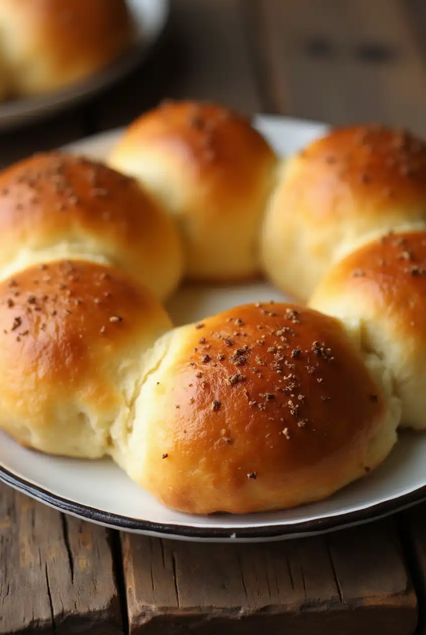 Golden-brown brioche dinner rolls served on a white ceramic plate on a rustic wooden table.