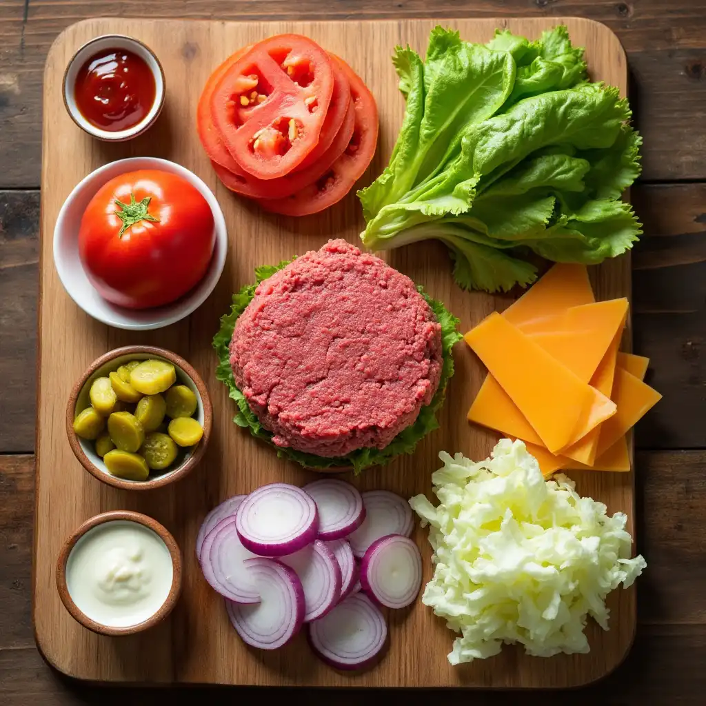 Fresh ingredients arrayed on a cutting board to create a homemade Burger King Whopper.