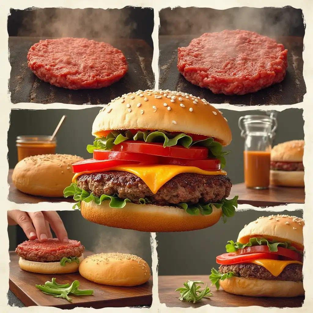 Fully assembled homemade Whopper paired with fries and salad, ready to tempt taste buds.