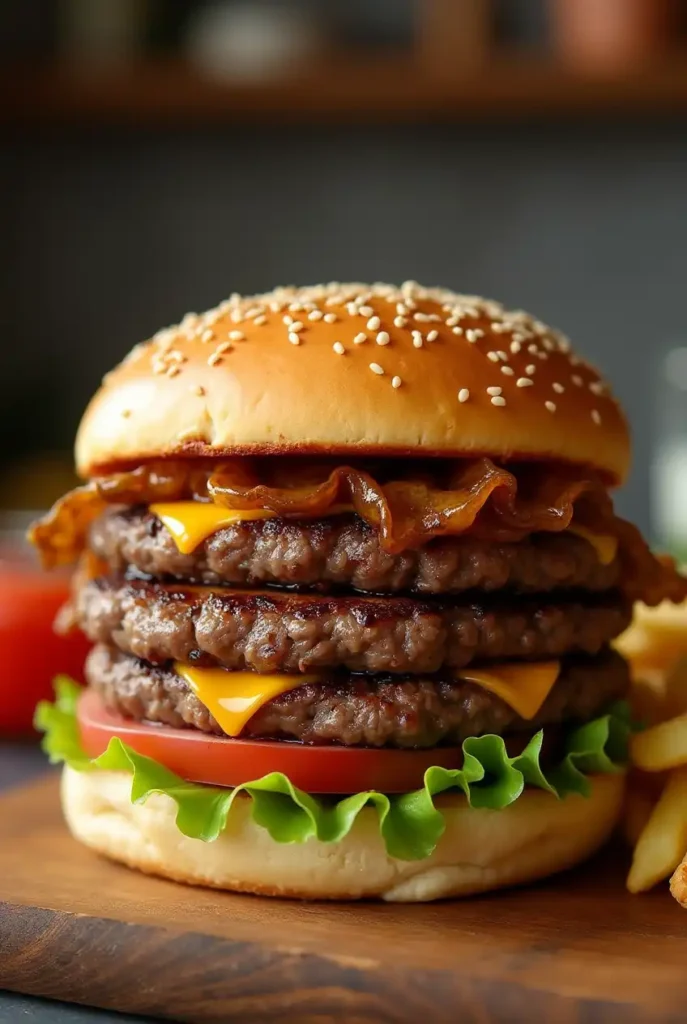Homemade Whopper-style burger with a golden toasted bun reminiscent of Burger King's classic.