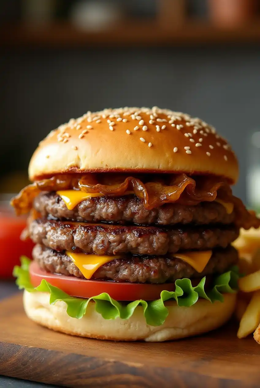 Homemade Whopper-style burger with a golden toasted bun reminiscent of Burger King's classic.
