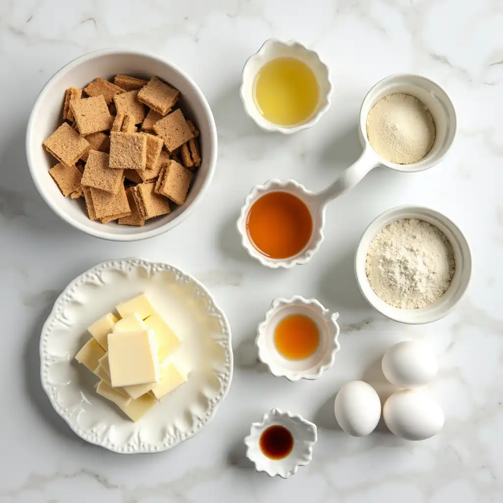 Key ingredients for classic cheesecake arrayed on a marble countertop.