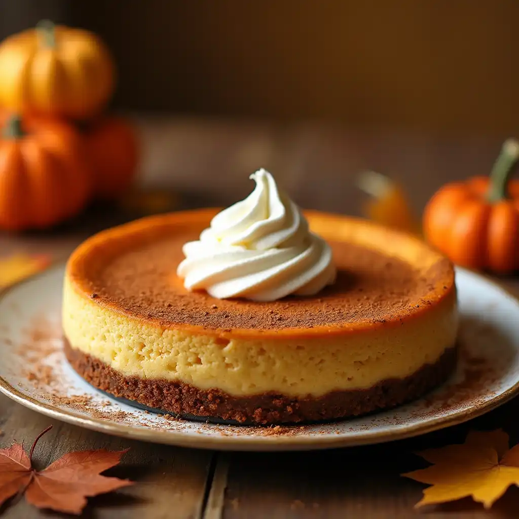 Cheesecake with Pumpkin Spice Magic presented with autumnal accents.