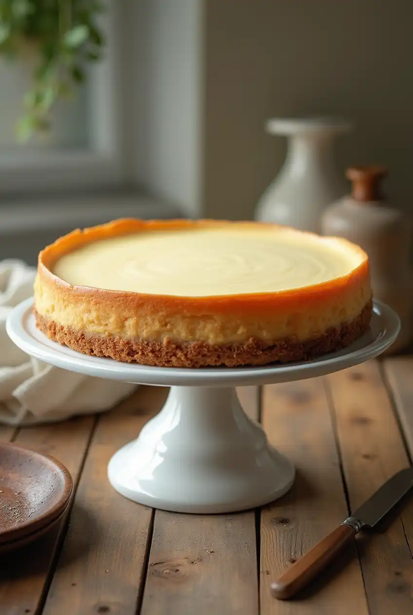 A classic cheesecake with a golden-brown crust displayed on a white pedestal plate.