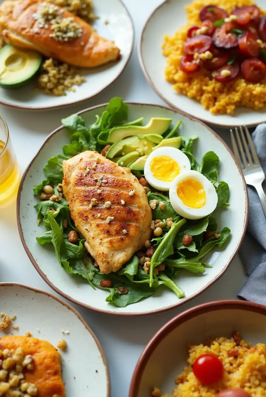 Array of chicken breakfast dishes with a chicken and avocado breakfast salad centerplate, surrounded by a chicken quinoa bowl and spicy omelette.
