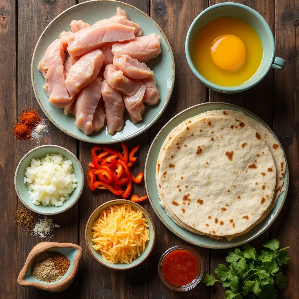 Fresh ingredients for Chicken and Egg Breakfast Burrito display on a rustic wooden table with vibrant colors of bell peppers and salsa.