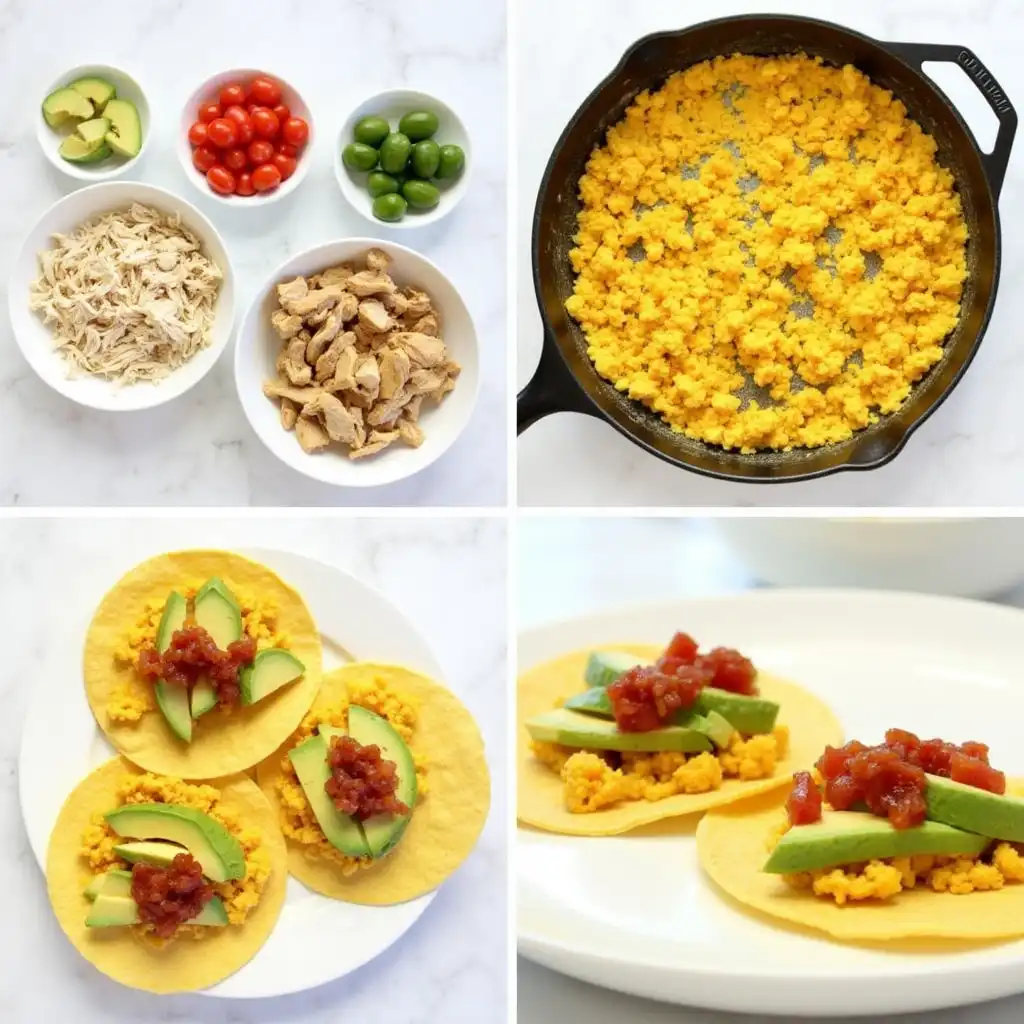 Step-by-step images illustrating the preparation of Scrambled Chicken Breakfast Tacos with eggs and fresh toppings.
