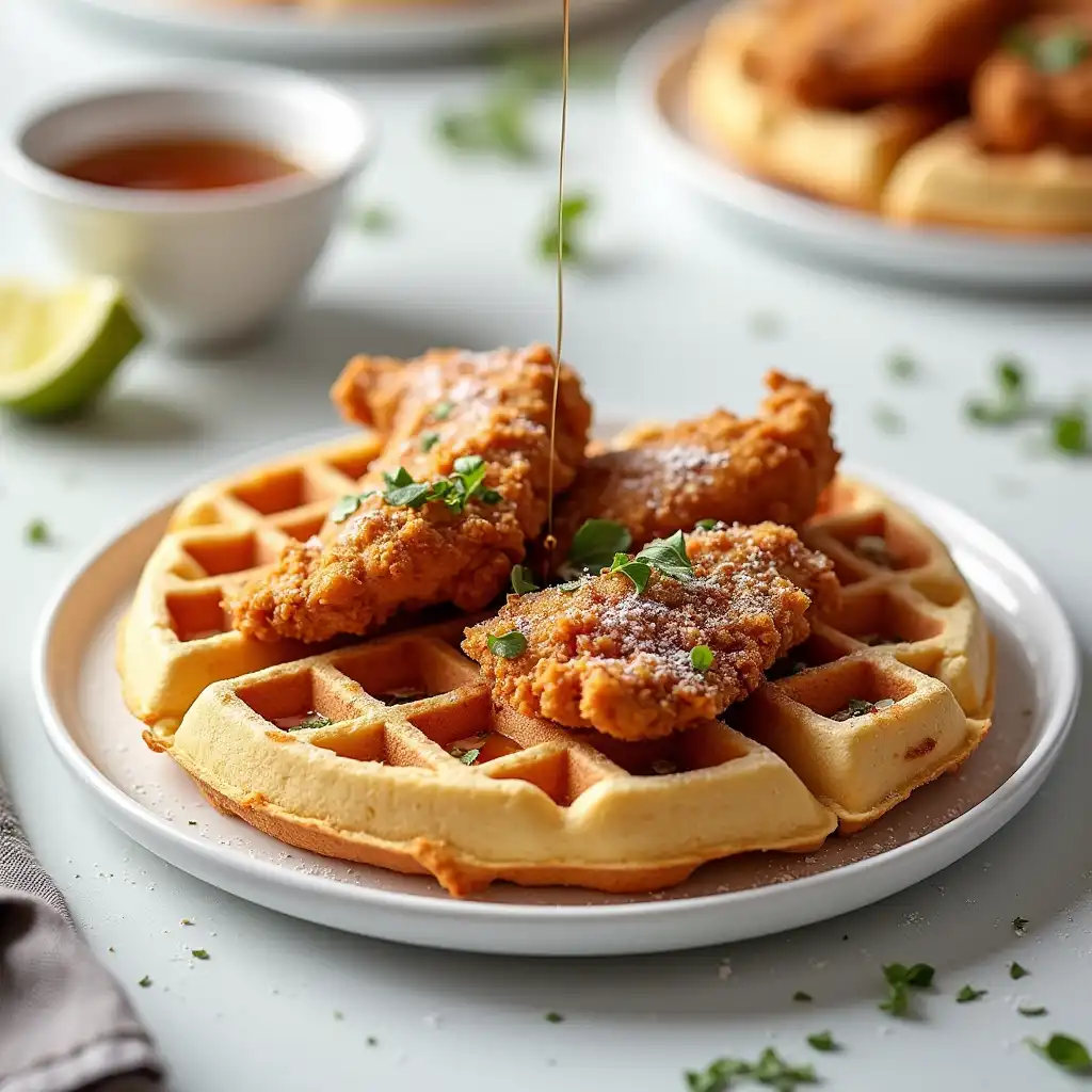 Golden-brown waffle topped with crispy chicken tenders and syrup, symbolizing a comfort food classic.