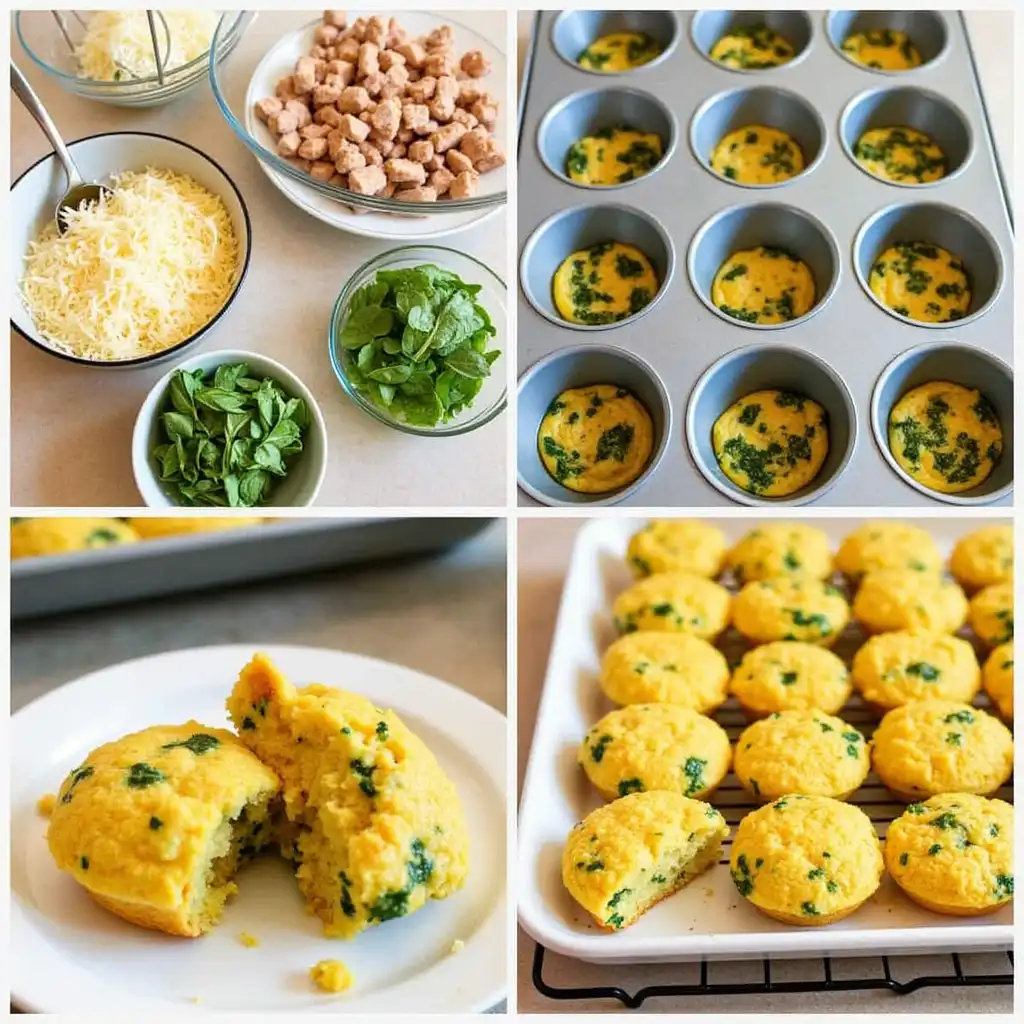 Compiled image displaying ingredients, pre-baked setup, and final baked Chicken-Spinach Frittata Muffins for a healthy breakfast option.