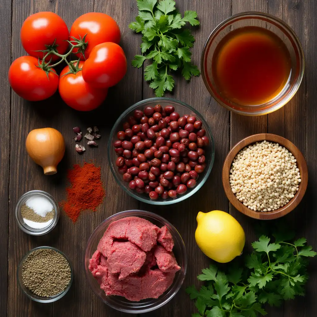 Overhead shot of chili ingredients on a dark wooden table, featuring fire-roasted tomatoes, rich broth, ground beef, lentils, beans, cumin, chili powder, and fresh chopped vegetables.