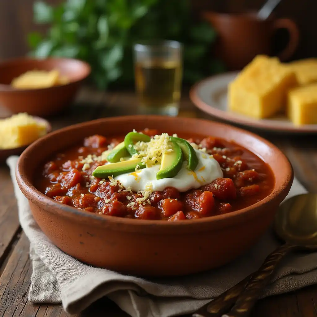 Finished chili served in a rustic clay bowl garnished with yogurt, avocado, cheese, and a side of cornbread on a wooden kitchen table.
