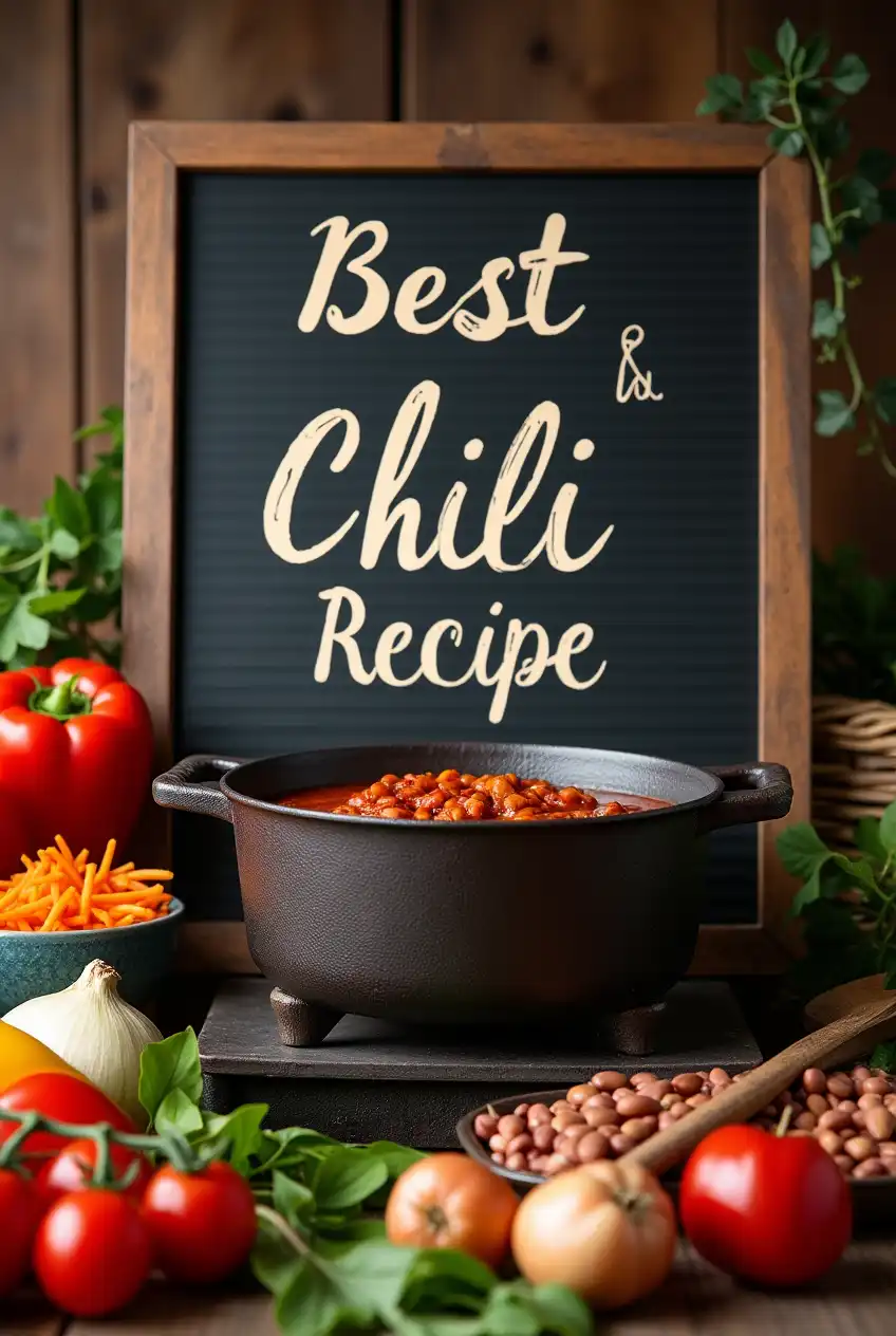 Rustic kitchen with "Best Chili Recipe: 7 Secrets to Hearty Flavor Fulfillment" sign, surrounded by fresh tomatoes, bell peppers, onions, beans, a wooden spoon, and simmering chili in a cast-iron pot on an old stove.