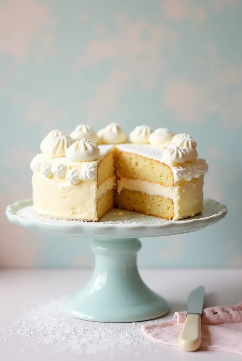 Finished Cloud Cake with airy texture on cake stand, slice showing crumb.