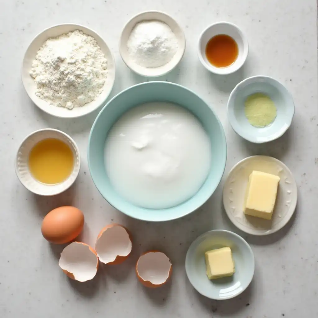 Ingredients for Cloud Cake recipe arranged on neutral background.