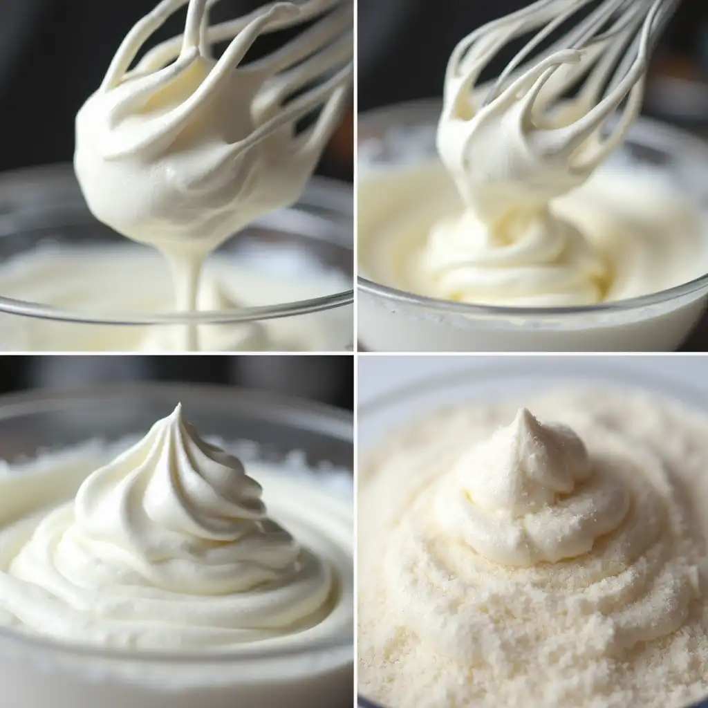 Egg whites whipped to soft peaks, sugar added for meringue for Cloud Cake.