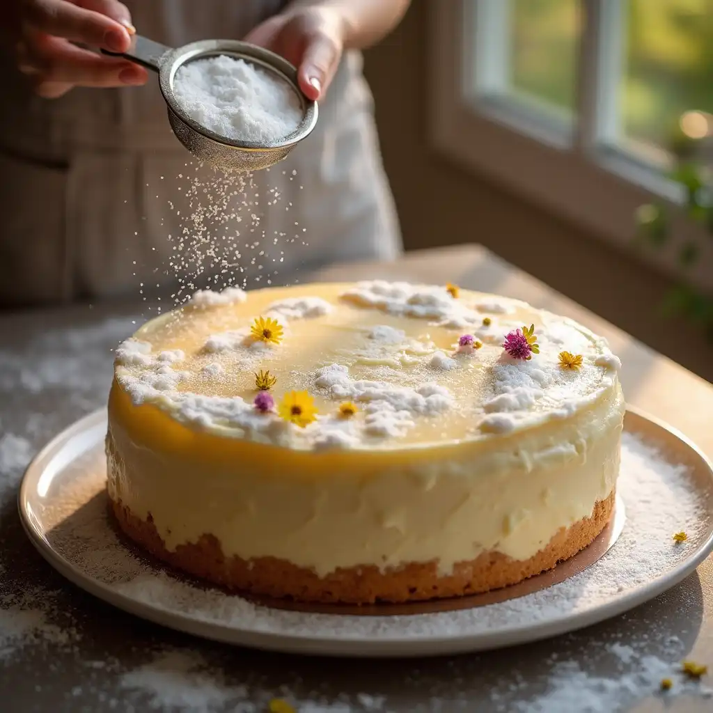 Whole Cloud Cake with frosting and edible flowers on platter.
