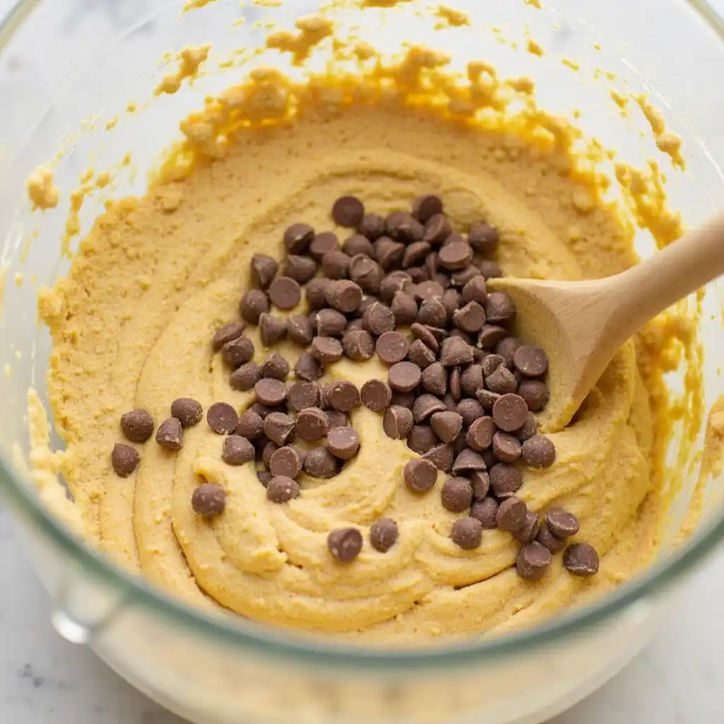 Combining wet and dry ingredients with chocolate chips and cinnamon for CPS cookies batter.