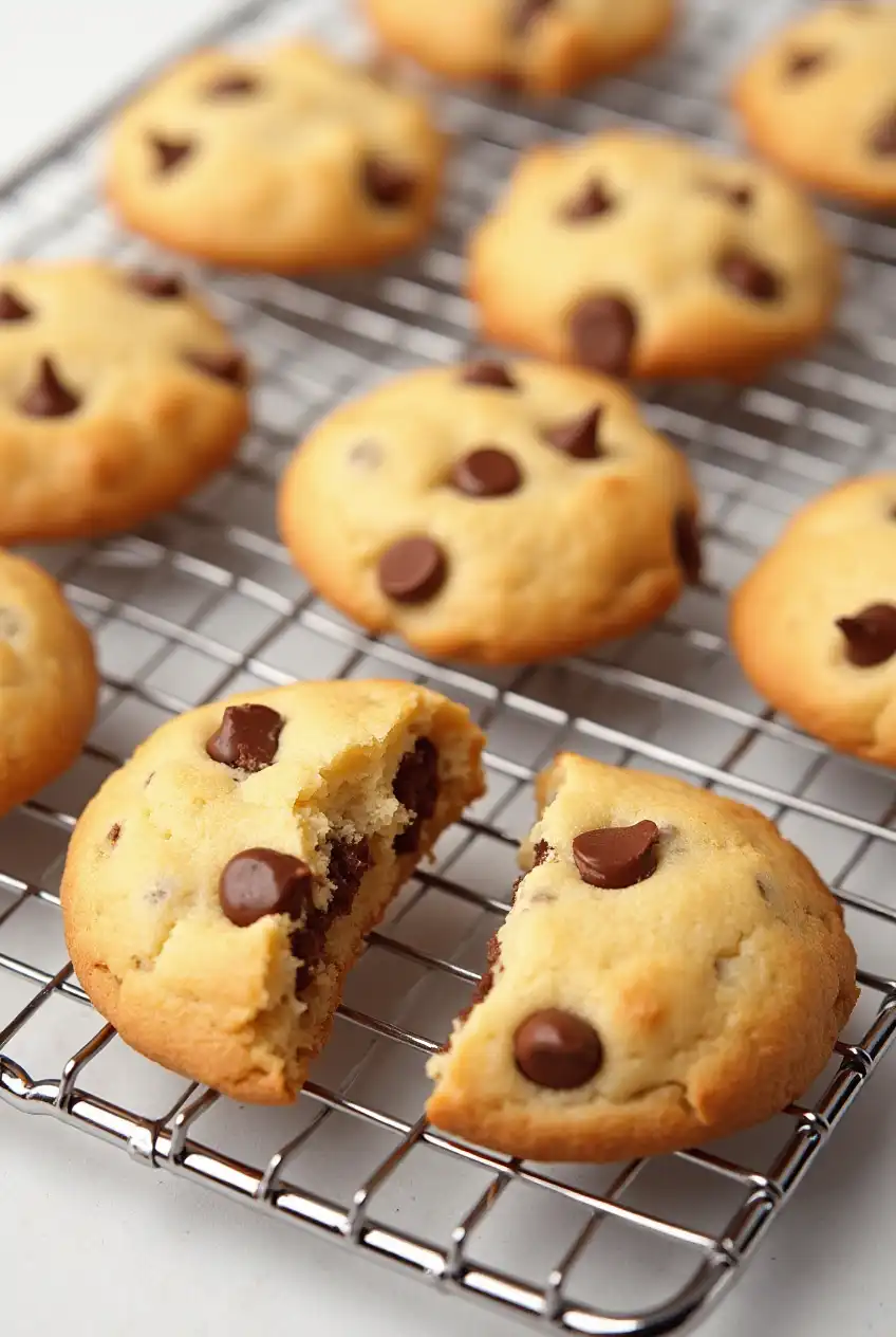 Golden-brown CPS cookies cooling on a wire rack, one cookie broken open to show soft interior.